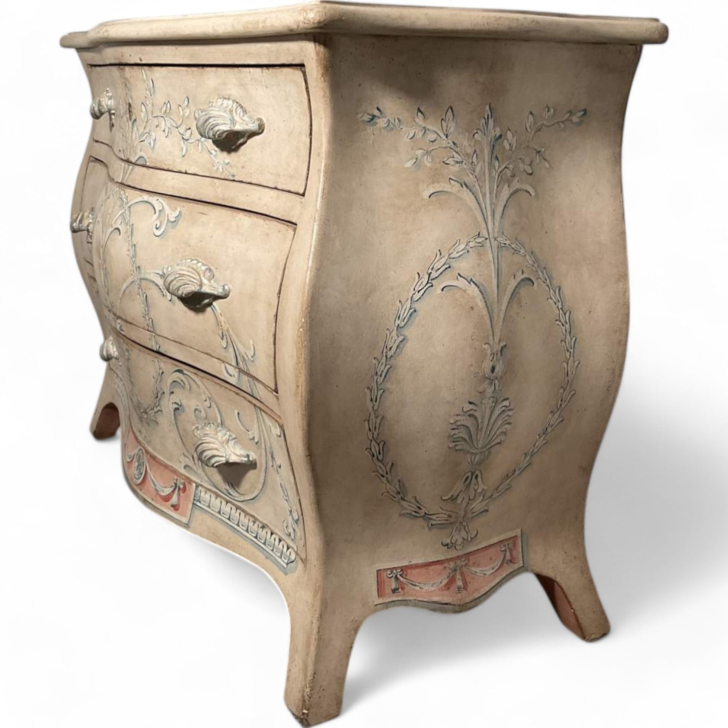 Elegant Hand-Painted Patina Veneto Bombe Chest – Timeless Artisan Craftsmanship