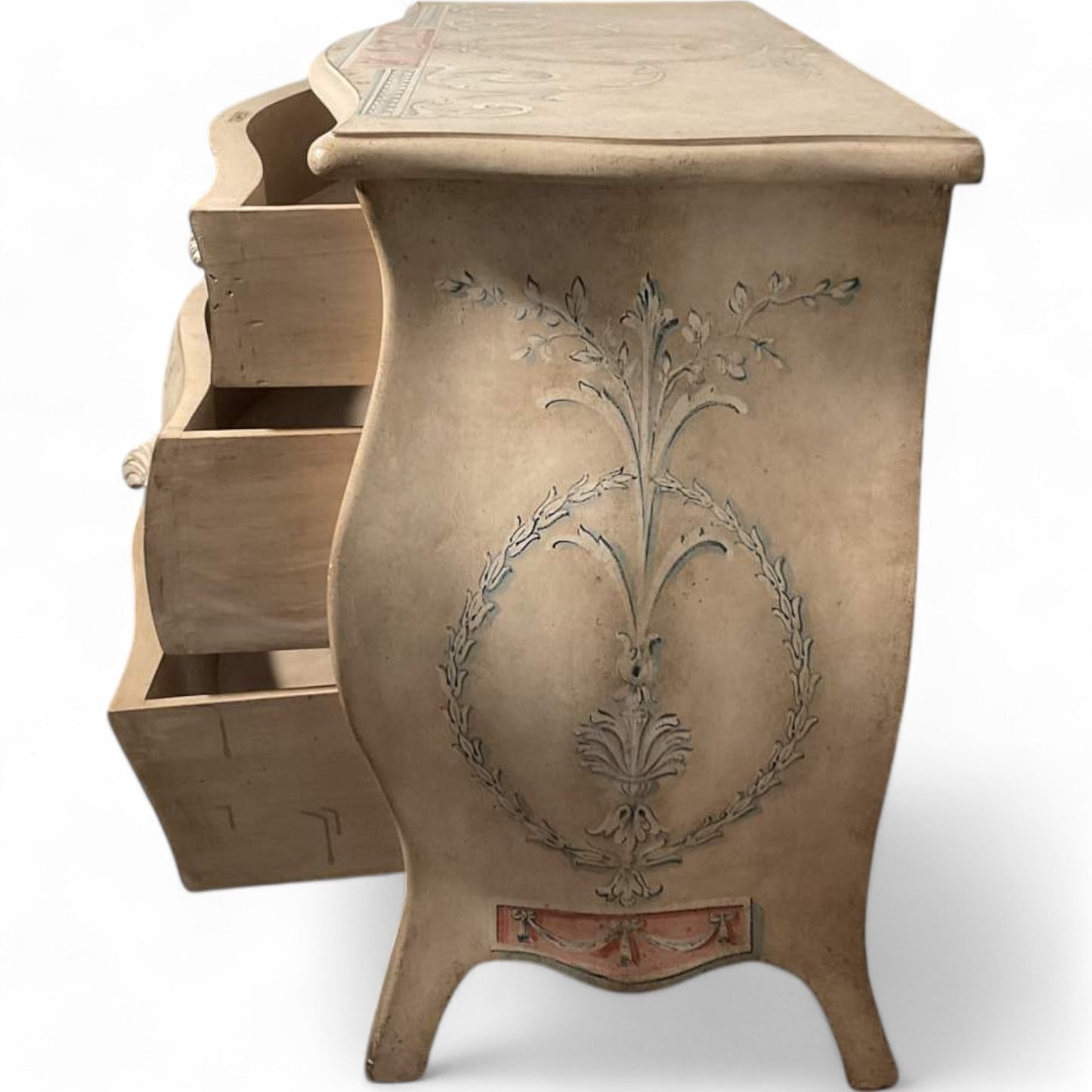 Elegant Hand-Painted Patina Veneto Bombe Chest – Timeless Artisan Craftsmanship