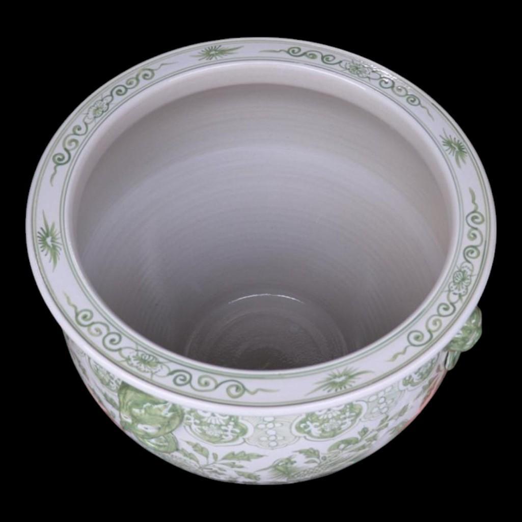 Chinese Hand Painted Planter Pot - Green Floral Motif