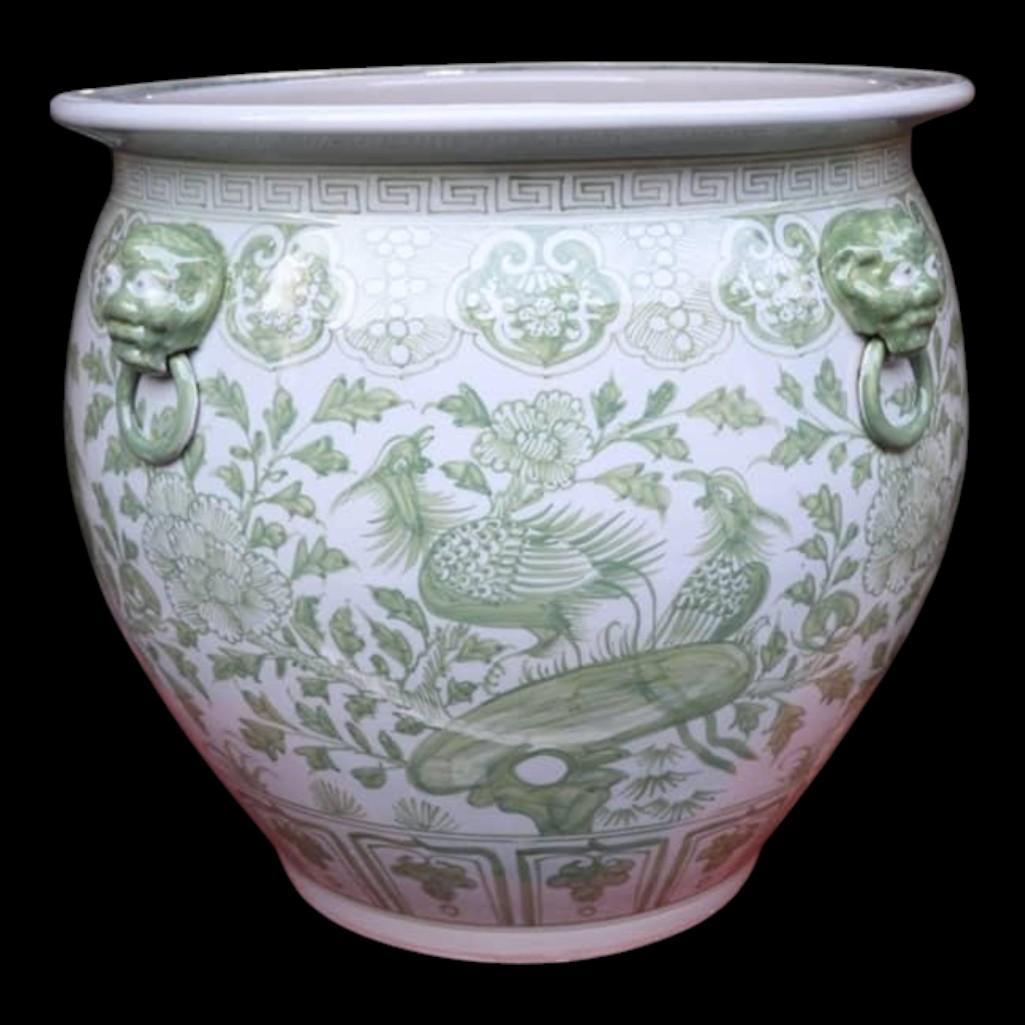 Chinese Hand Painted Planter Pot - Green Floral Motif