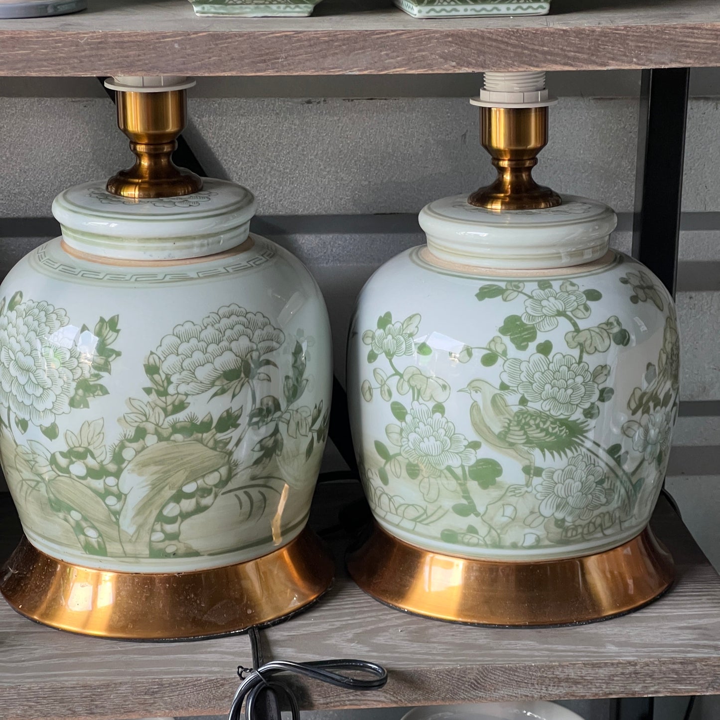 Green and White Peony Floral Lamps a Pair