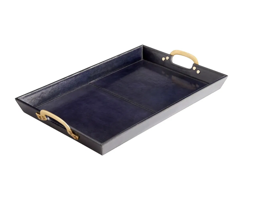 High End Luxury Navy Blue Leather Tray with Brass Handles