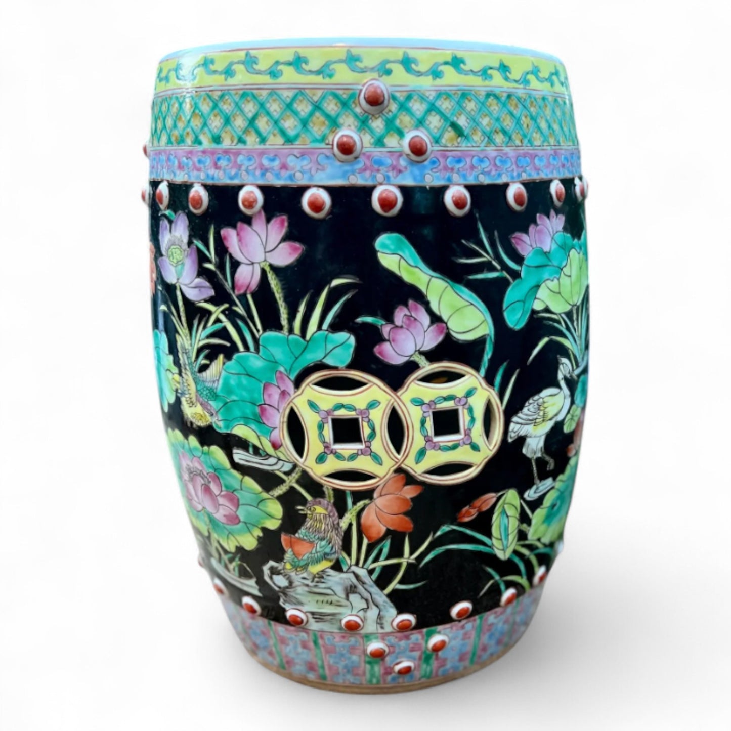 Mid-20th Century Famille Noire Porcelain Garden Stool – Lotus & Crane Motif – Black Ground
