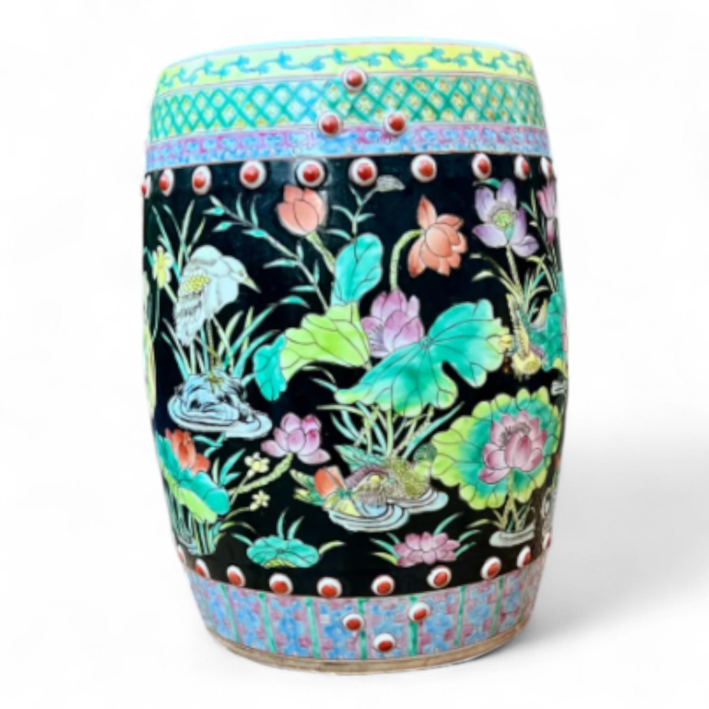 Mid-20th Century Famille Noire Porcelain Garden Stool – Lotus & Crane Motif – Black Ground