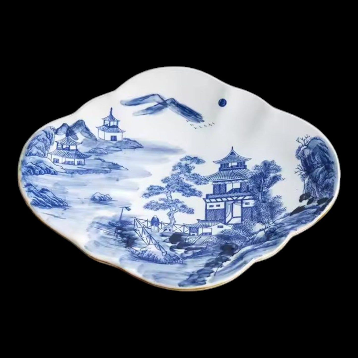 Pair of Hand-Painted Blue & White Landscape Ceramic Fruit
