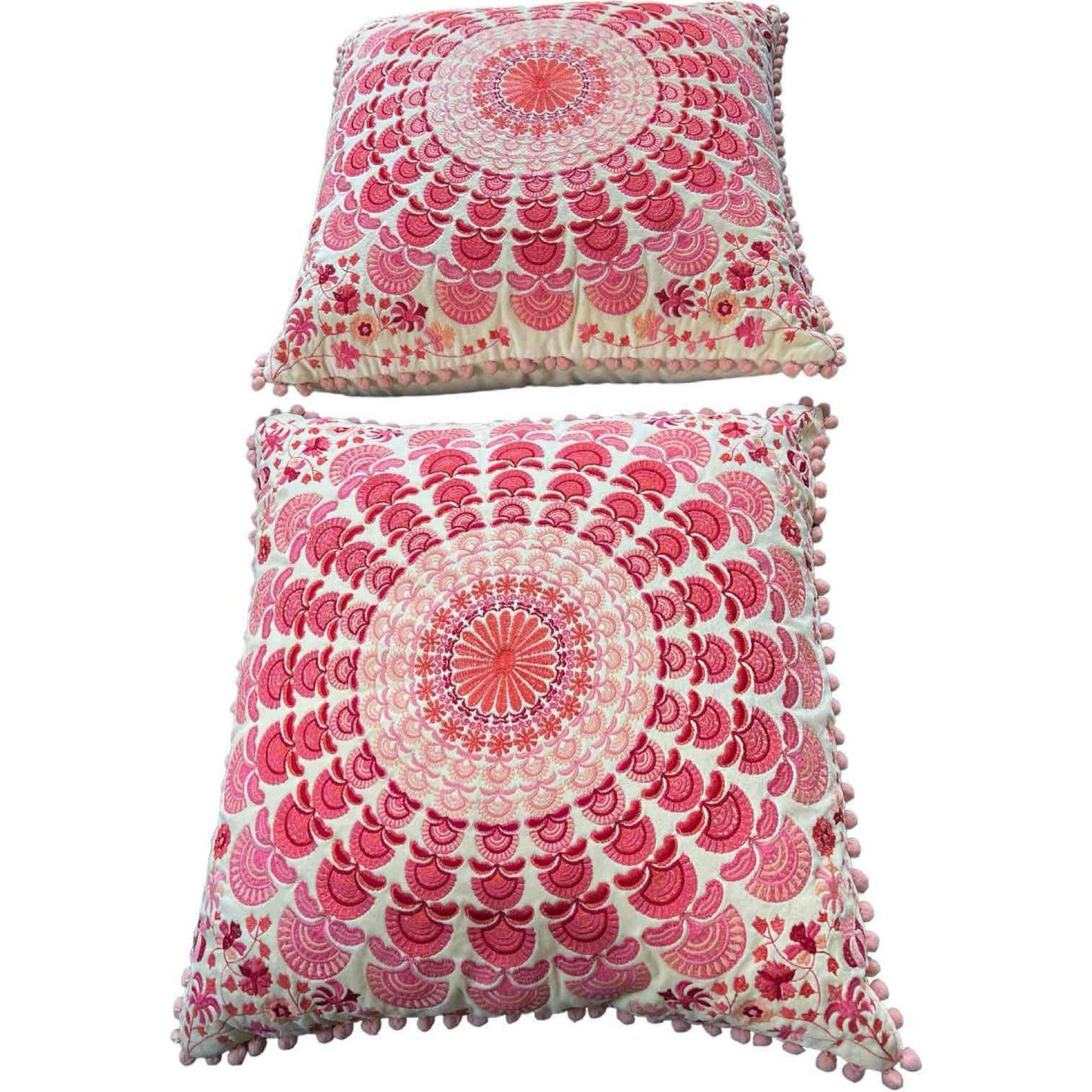 Pair of Boho Mandala Accent Pillows Cream Velvet with Pink Mandala Pattern Embroidery