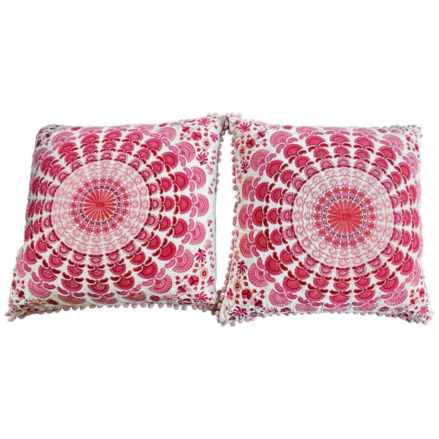 Pair of Boho Mandala Accent Pillows Cream Velvet with Pink Mandala Pattern Embroidery
