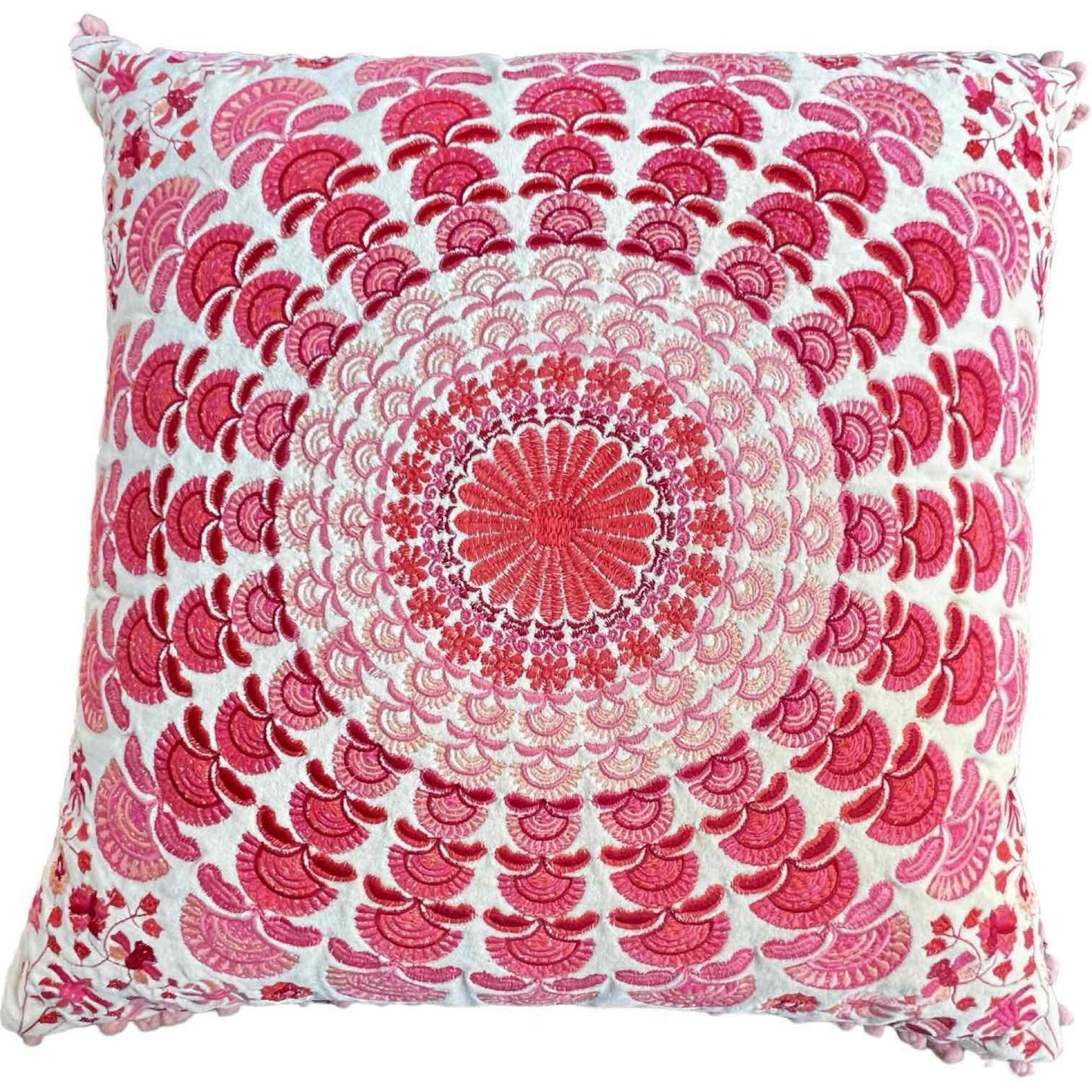 Pair of Boho Mandala Accent Pillows Cream Velvet with Pink Mandala Pattern Embroidery