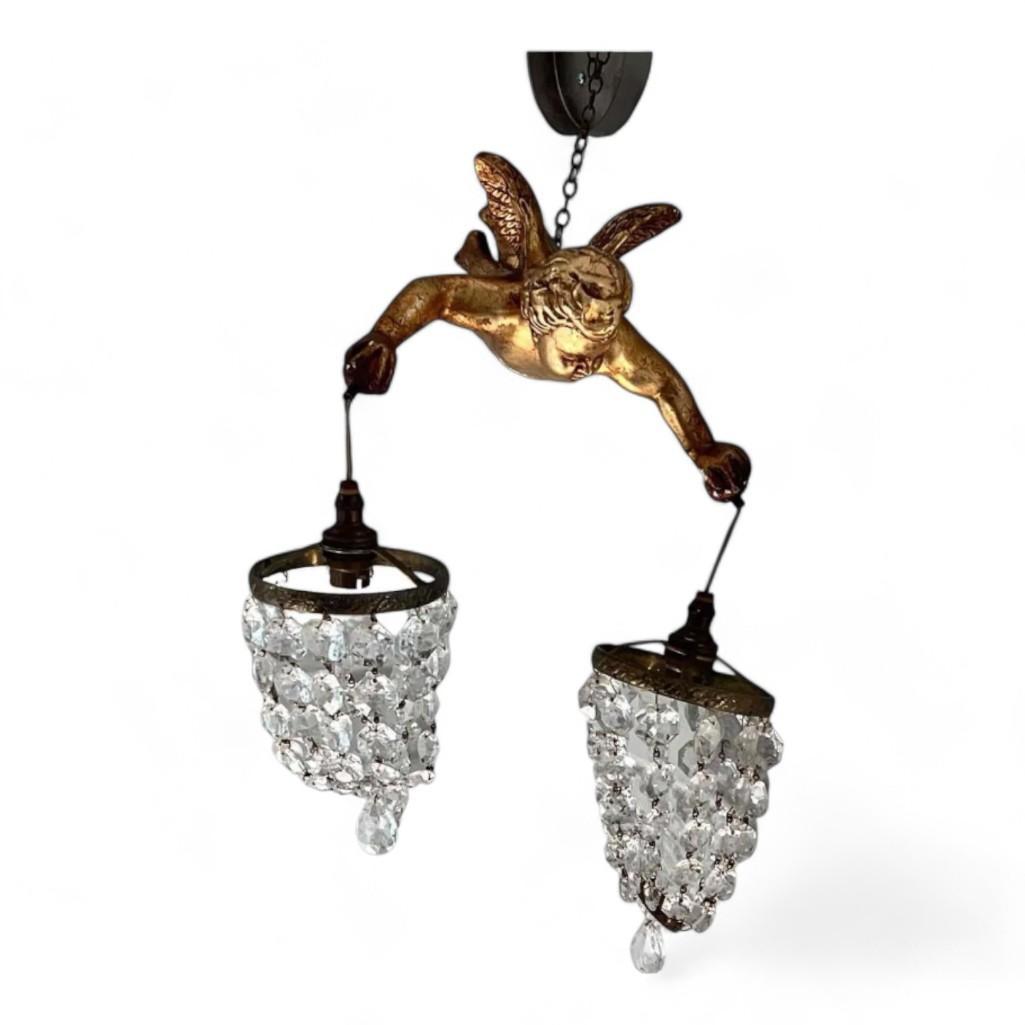 Charming French Antique Gilt And Crystal Cherub Wall Sconce