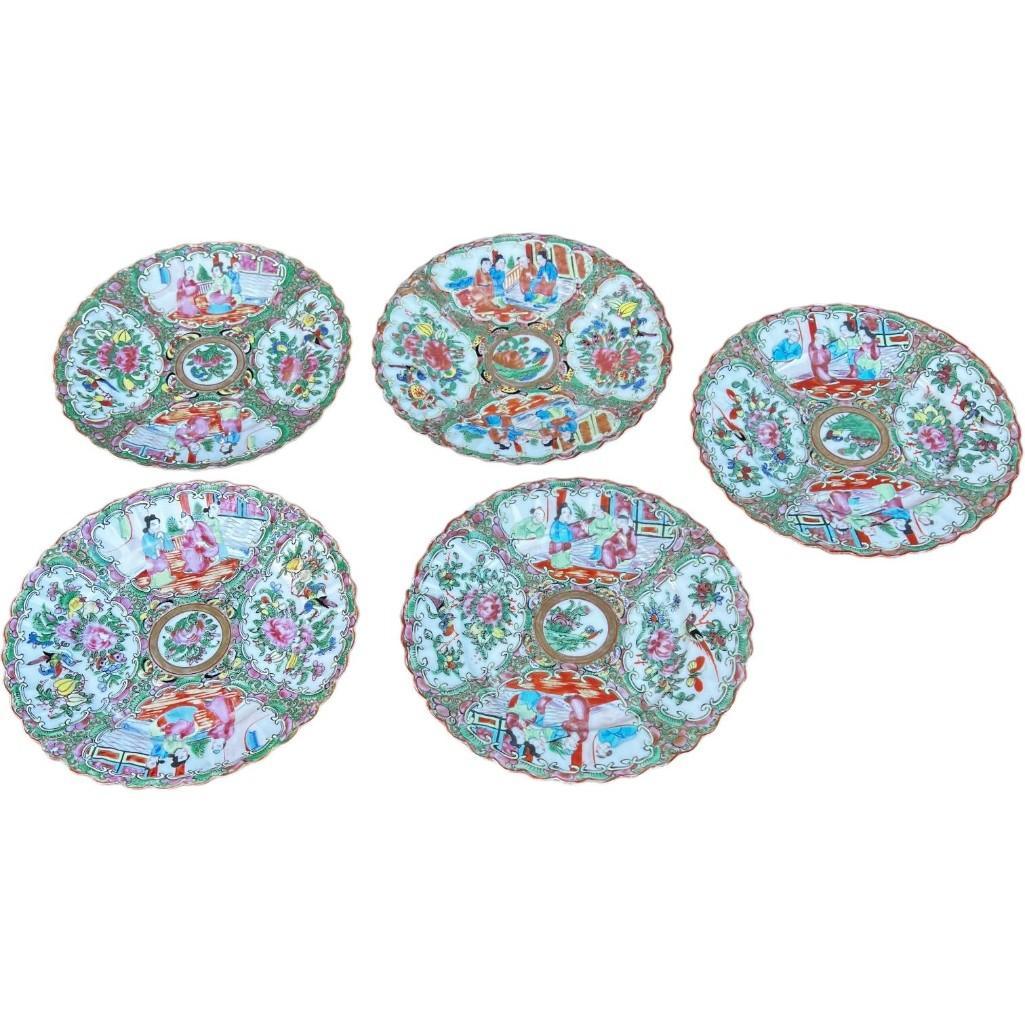 Vintage Famille Rose Medallion Dessert Plates, Set of 5