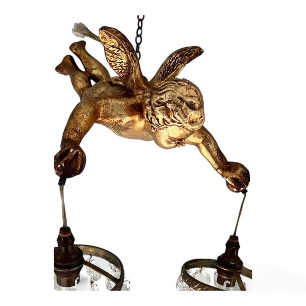 Charming French Antique Gilt And Crystal Cherub Wall Sconce