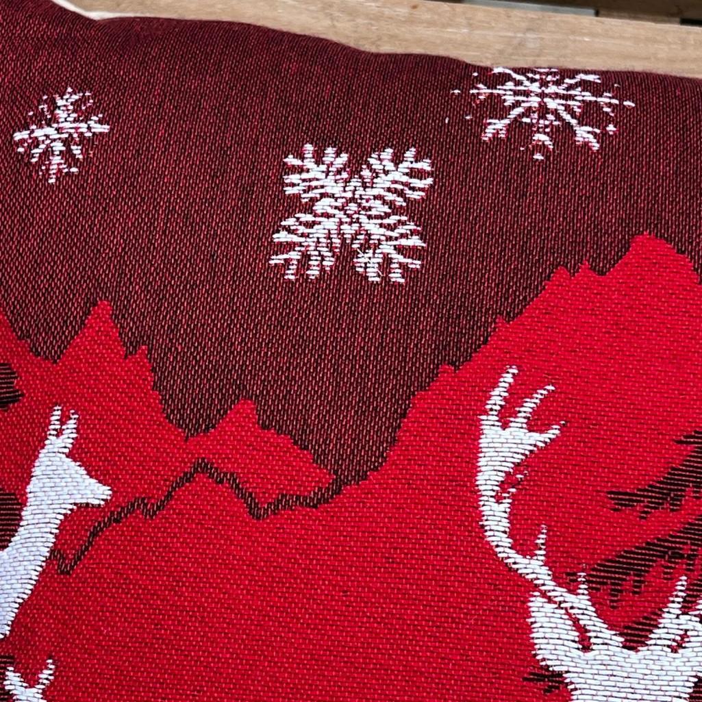 Luxury Tapestry Lumbar Pillow by Rolande Du Dreuilh French Designer - Red Reindeer Motif, Christmas Decorative Pillow
