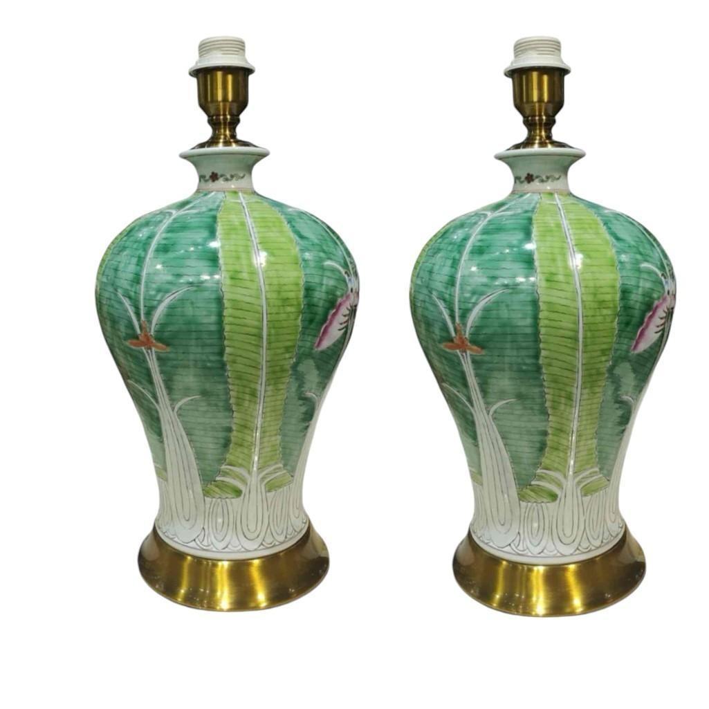 Pair of Hand-Painted Chinese Bok Choy Cabbage Glazed Porcelain Table Lamp by Trunky Fresh