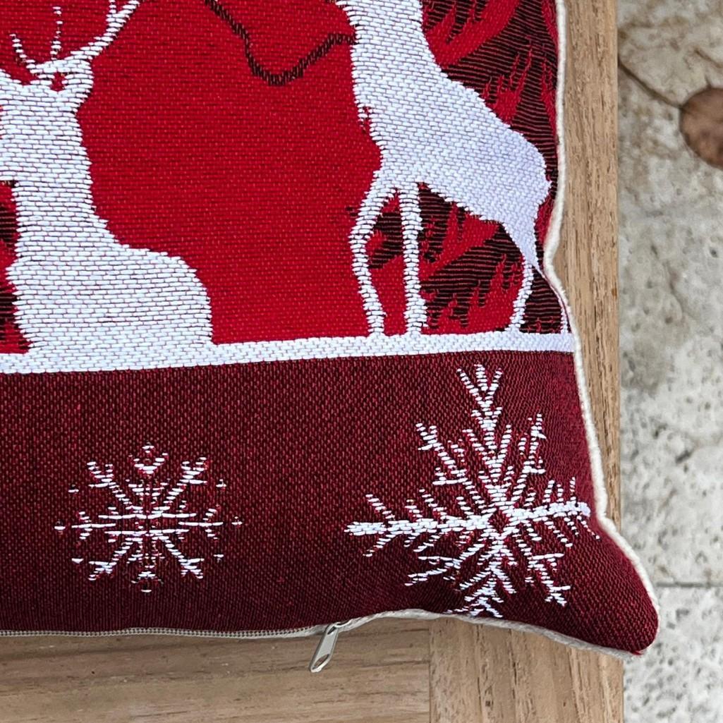 Luxury Tapestry Lumbar Pillow by Rolande Du Dreuilh French Designer - Red Reindeer Motif, Christmas Decorative Pillow