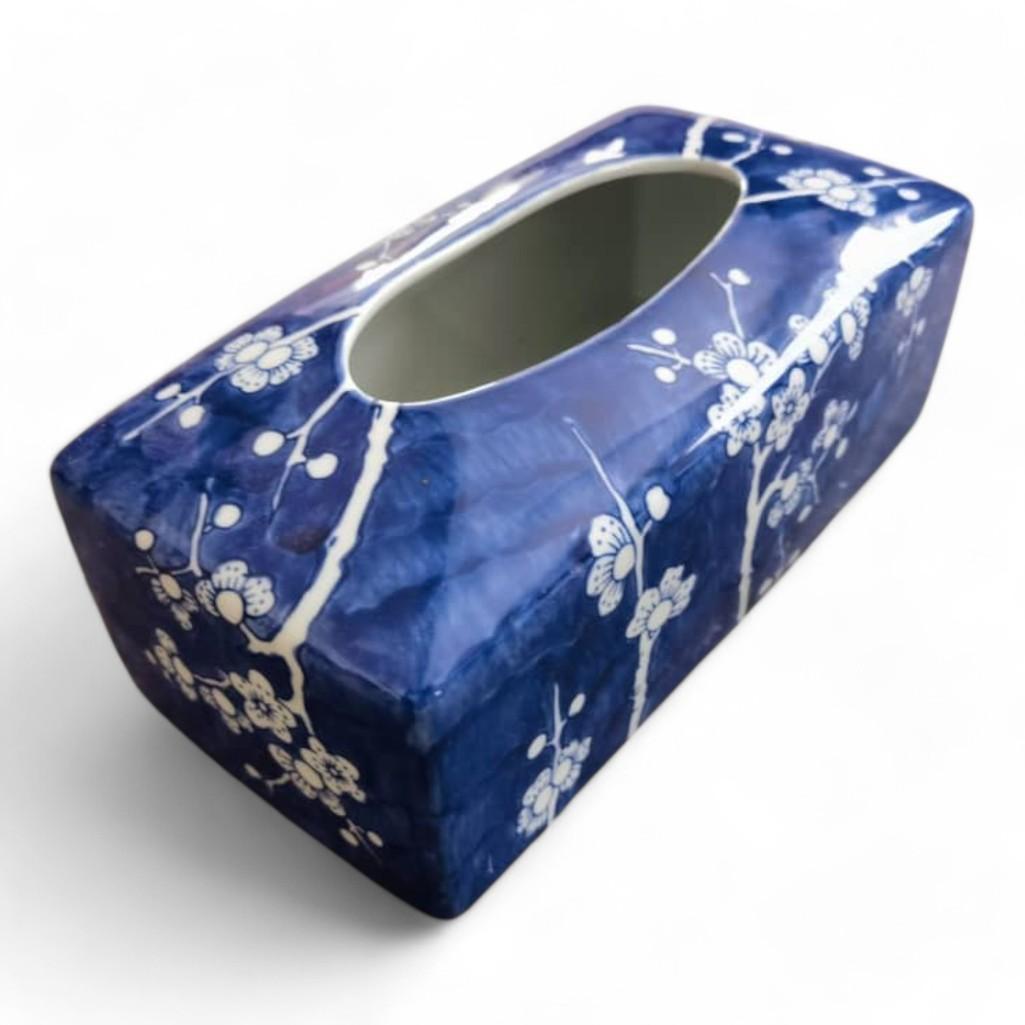 Chinese Hand-Painted Porcelain Ceramic Tissue Box Cover - Blue and White Cherry Blossom Chinoiserie by Trunky Fresh