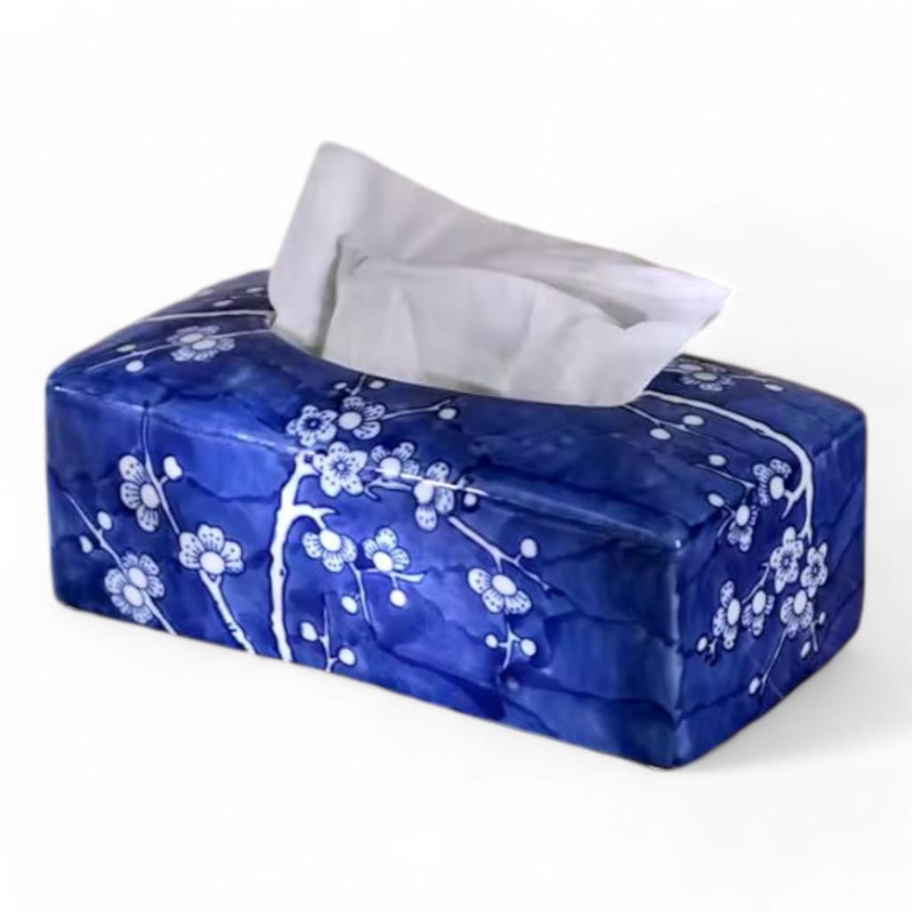 Chinese Hand-Painted Porcelain Ceramic Tissue Box Cover - Blue and White Cherry Blossom Chinoiserie by Trunky Fresh