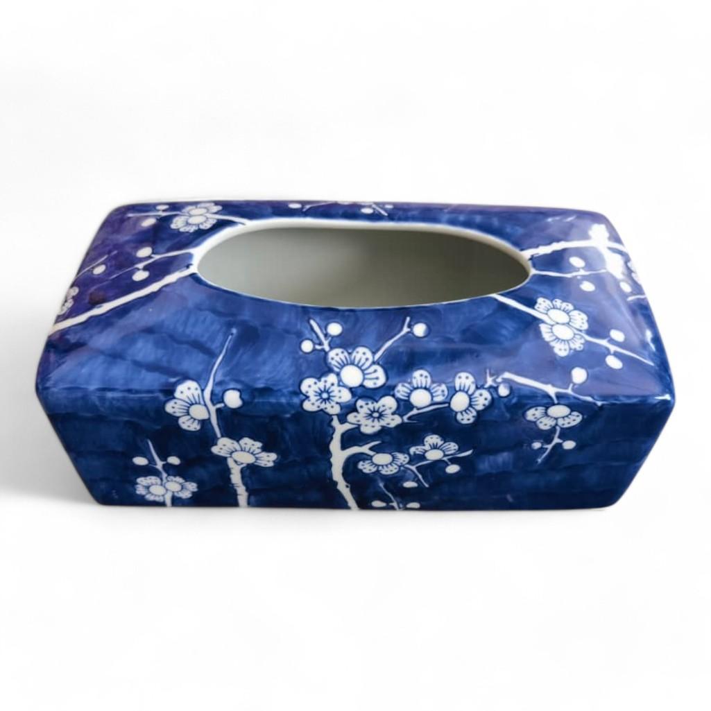 Chinese Hand-Painted Porcelain Ceramic Tissue Box Cover - Blue and White Cherry Blossom Chinoiserie by Trunky Fresh