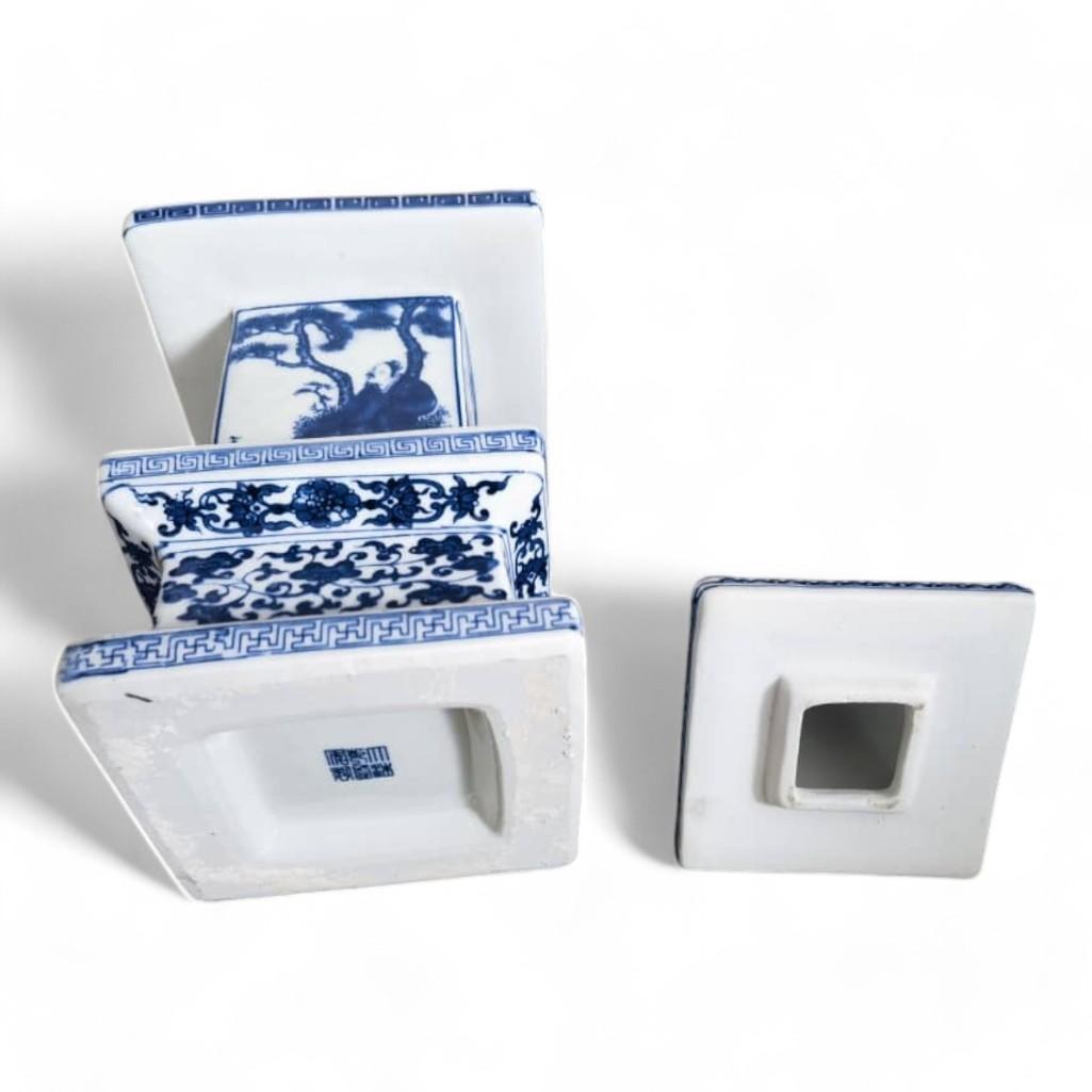 Pair of Chinese Blue and White Floral Chinoiserie Style Pagoda Porcelain Decorative Statue
