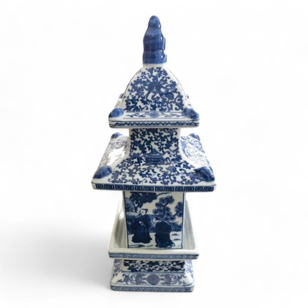 Pair of Chinese Blue and White Floral Chinoiserie Style Pagoda Porcelain Decorative Statue