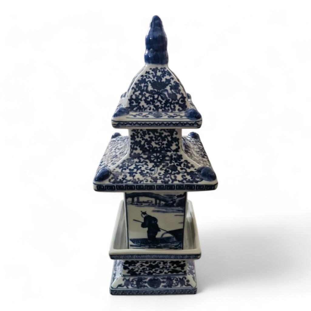 Pair of Chinese Blue and White Floral Chinoiserie Style Pagoda Porcelain Decorative Statue