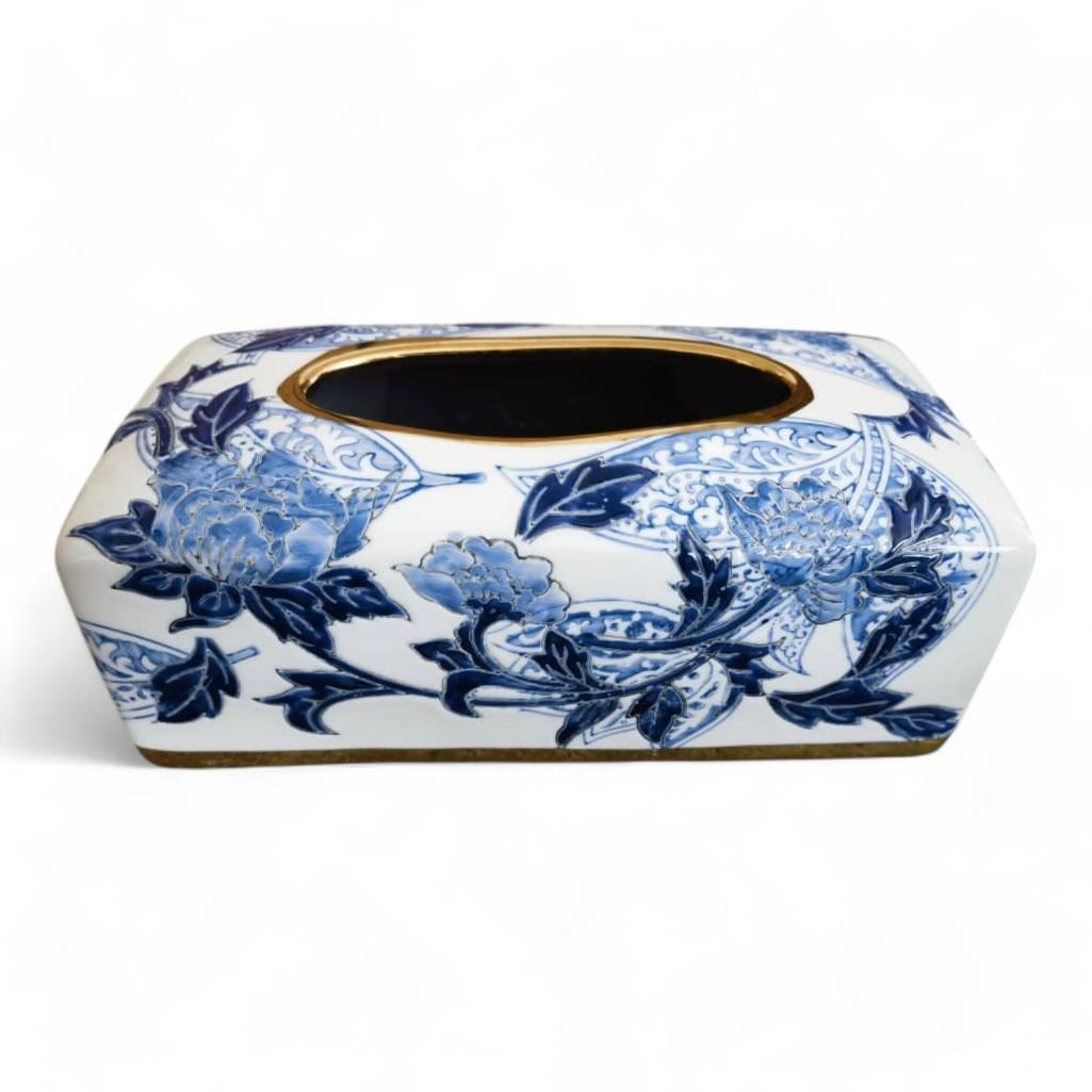 Chinese Hand-Painted Porcelain Ceramic Tissue Box - White and Blue by Trunky Fresh