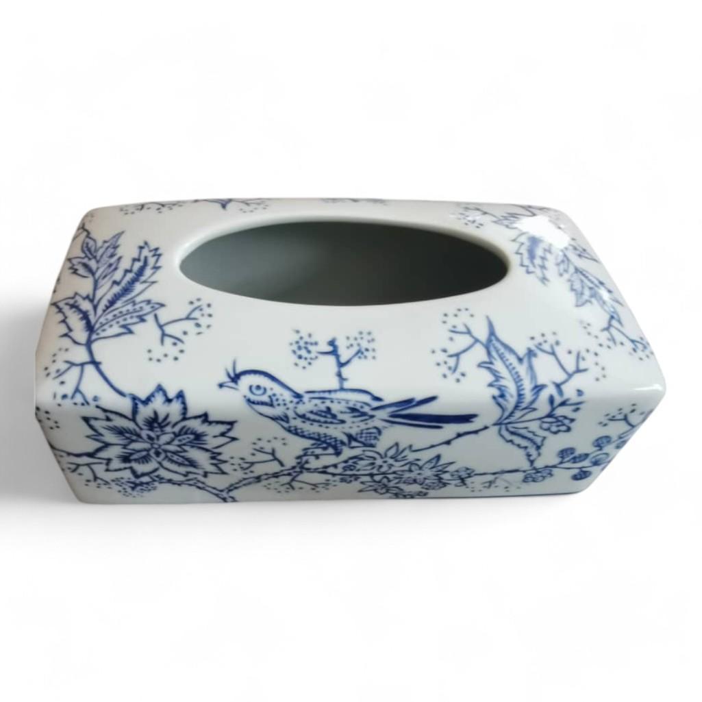 Chinese Hand-Painted Porcelain Ceramic Tissue Box - White Leaves Motif by Trunky Fresh