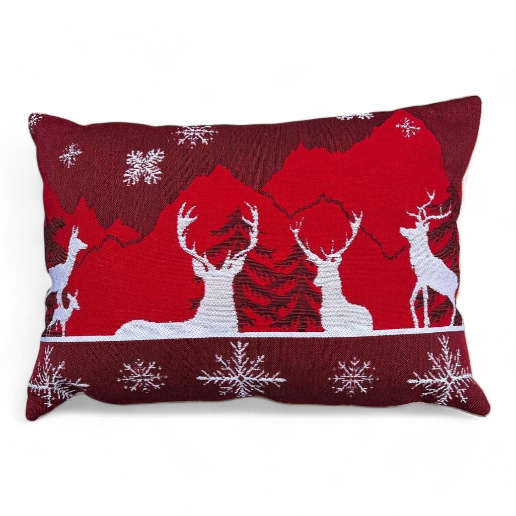 Luxury Tapestry Lumbar Pillow by Rolande Du Dreuilh French Designer - Red Reindeer Motif, Christmas Decorative Pillow