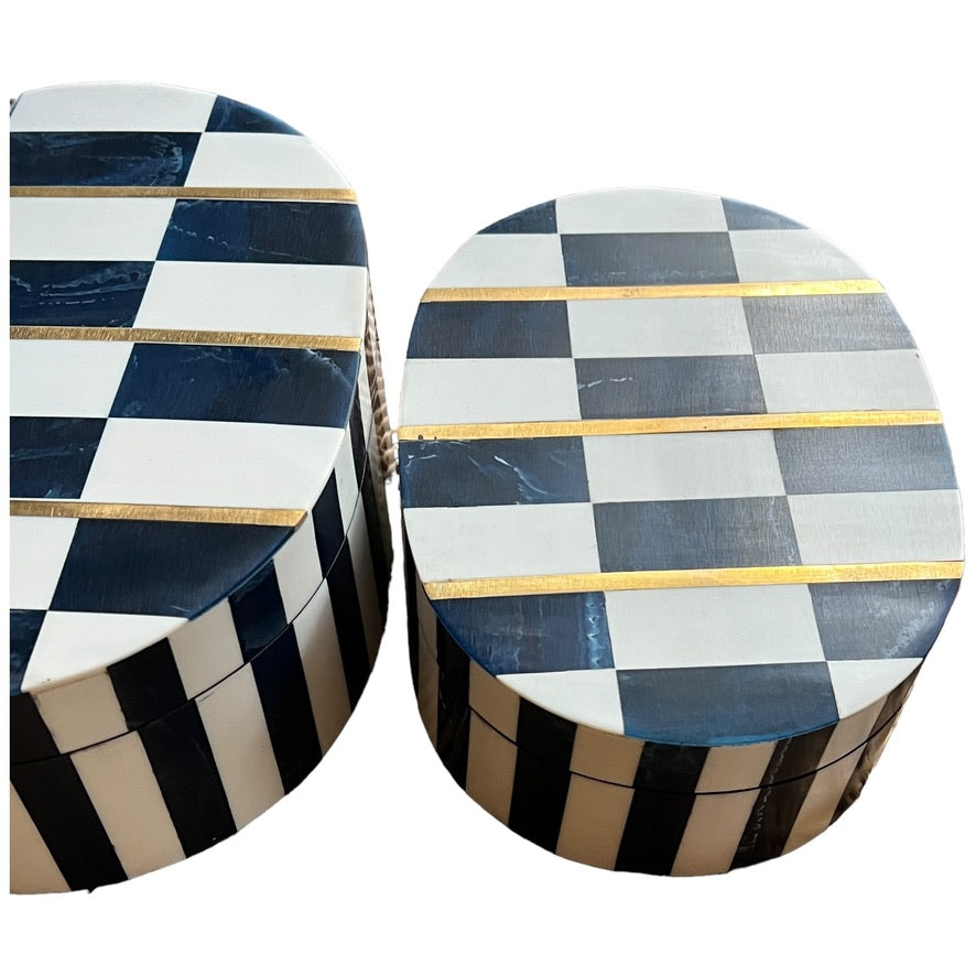 Chic Contrast: Navy Blue and White Bone Resin Boxes with Brass Accents