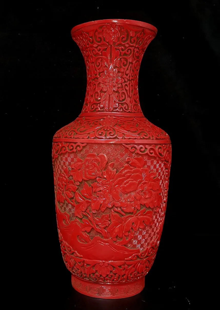 14.5" Pair Vintage China'S Qing Dynasty Red Lacquerware Porcelain Vases, W/ Flower Window Lattice Carved Pattern Design