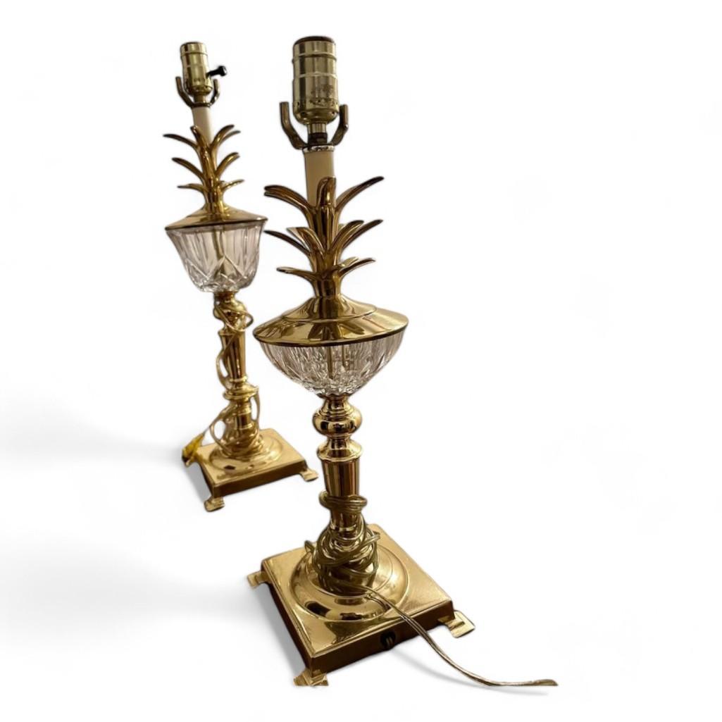 Pair of Vintage Bombay Pineapple Brass and Crystal Lamps