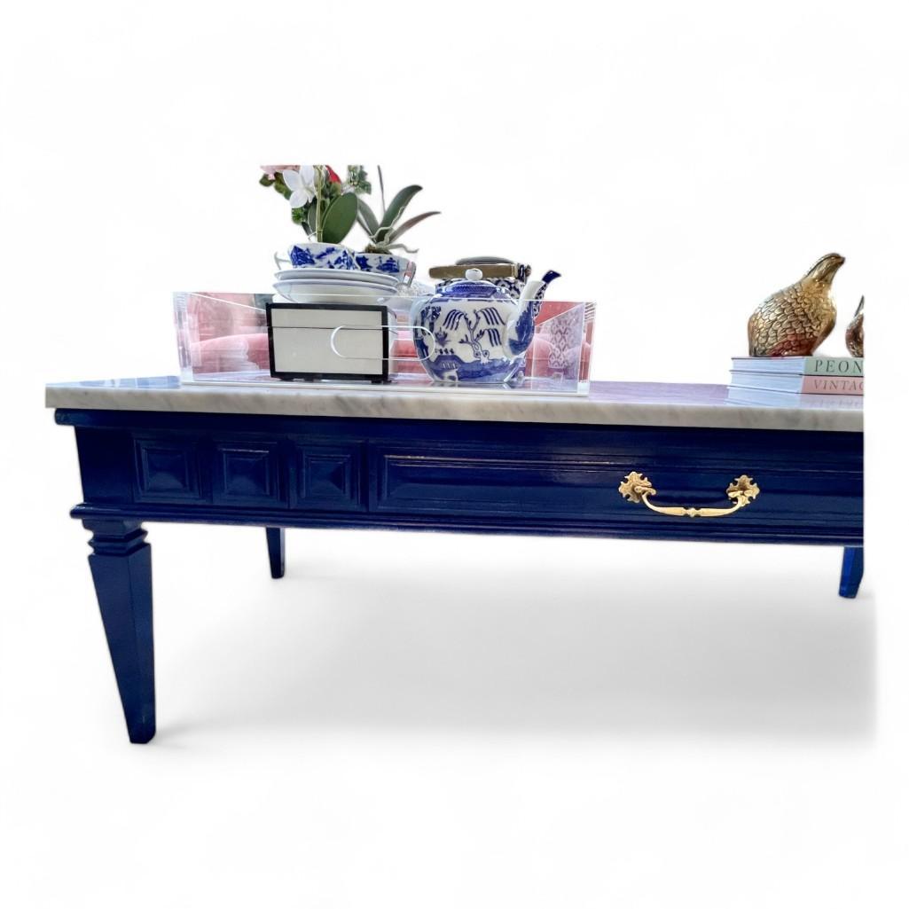 Vintage Navy Blue Coffee Table with Brand New Custom Carrara Marble Top