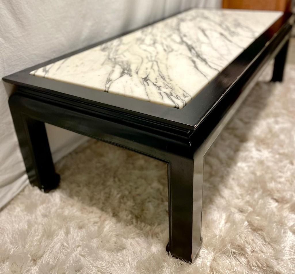 Vintage Brown Fabric Lacquer Rectangular Marble Stone Top Coffee Table