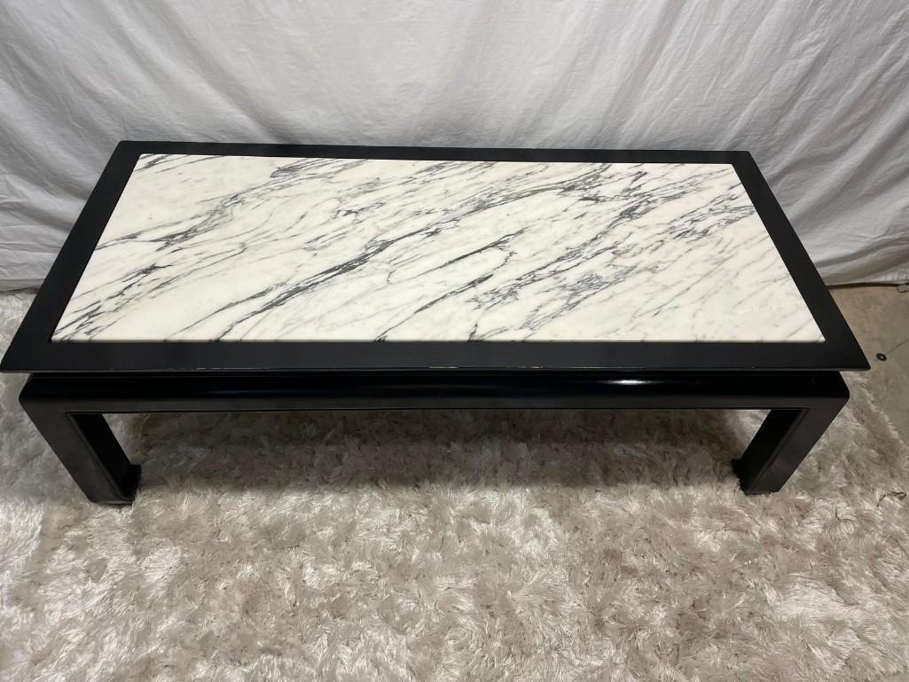 Vintage Brown Fabric Lacquer Rectangular Marble Stone Top Coffee Table