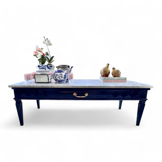 Vintage Navy Blue Coffee Table with Brand New Custom Carrara Marble Top