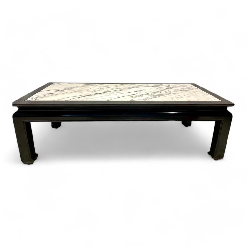 Vintage Brown Fabric Lacquer Rectangular Marble Stone Top Coffee Table