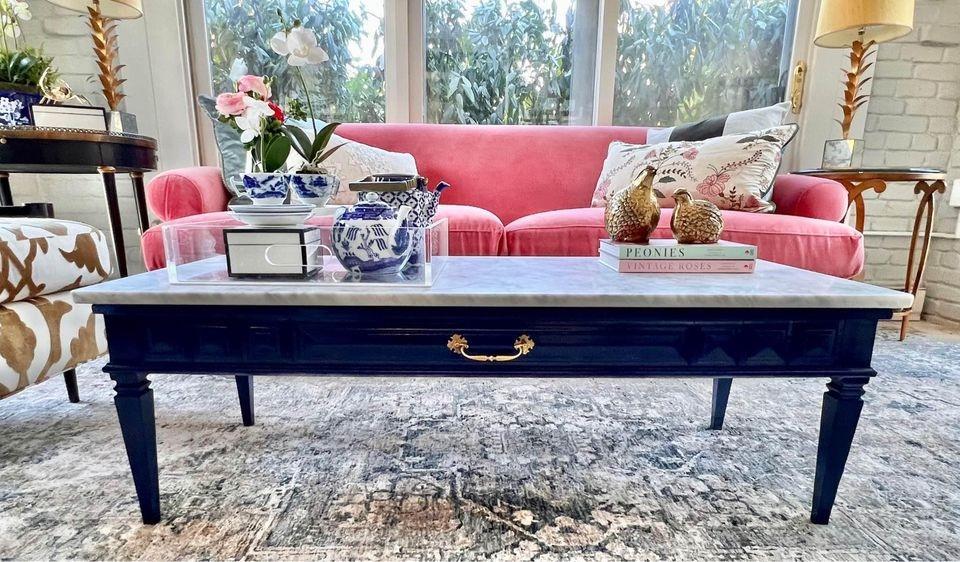 Vintage Navy Blue Coffee Table with Brand New Custom Carrara Marble Top