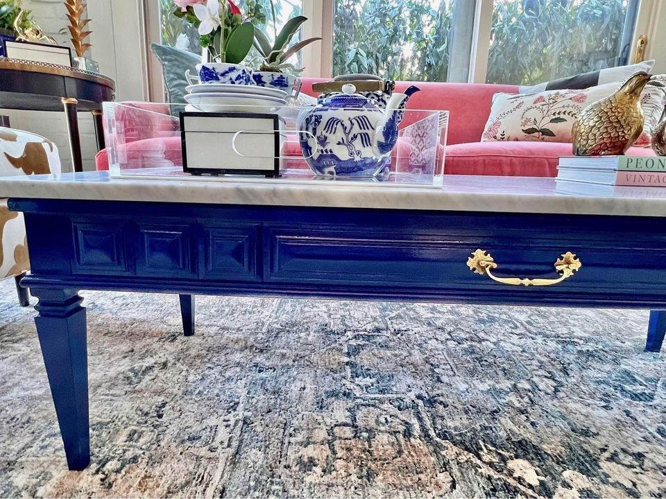 Vintage Navy Blue Coffee Table with Brand New Custom Carrara Marble Top