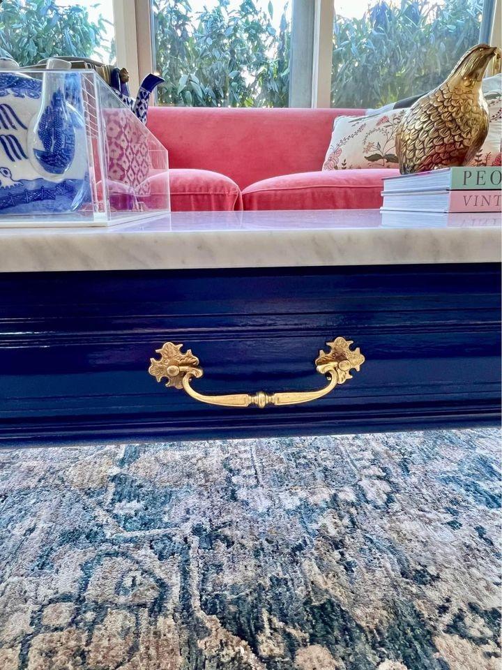 Vintage Navy Blue Coffee Table with Brand New Custom Carrara Marble Top