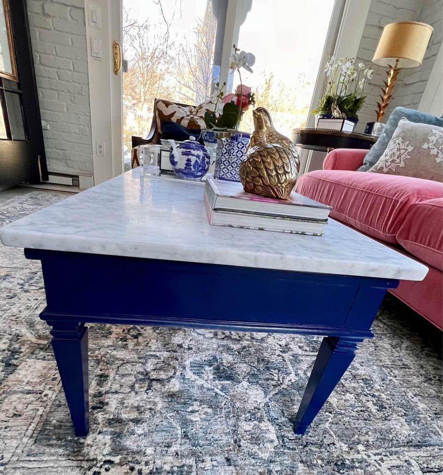 Vintage Navy Blue Coffee Table with Brand New Custom Carrara Marble Top