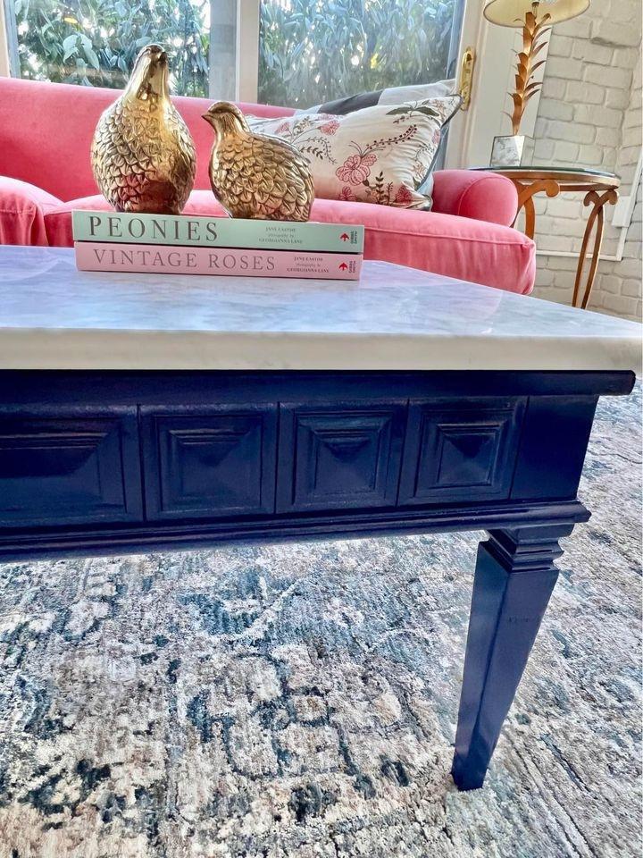 Vintage Navy Blue Coffee Table with Brand New Custom Carrara Marble Top