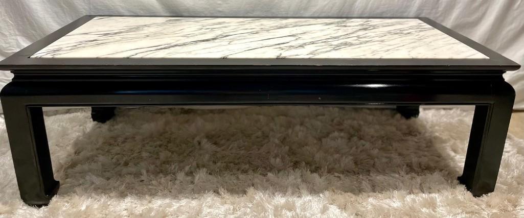 Vintage Brown Fabric Lacquer Rectangular Marble Stone Top Coffee Table