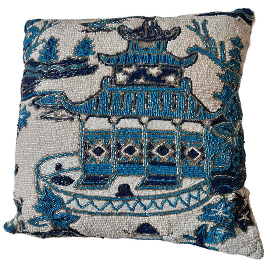 Chic Pagoda Chinoiserie Motif Beaded Decorative Accent Throw Pillow