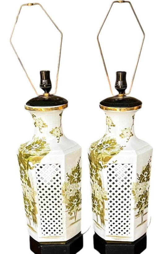 Pair of Kutani Reticulated , Porcelain, Hand Painted, Table Lamps Circa 1950's