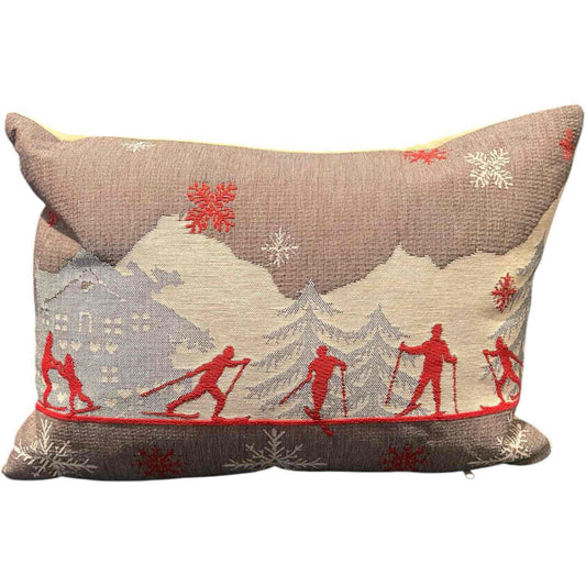 Luxury French Tapestry Lumbar Pillow by Rolande Du Dreuilh French Designer -  Nude Color Skiing Motif, Christmas Decor Pillow