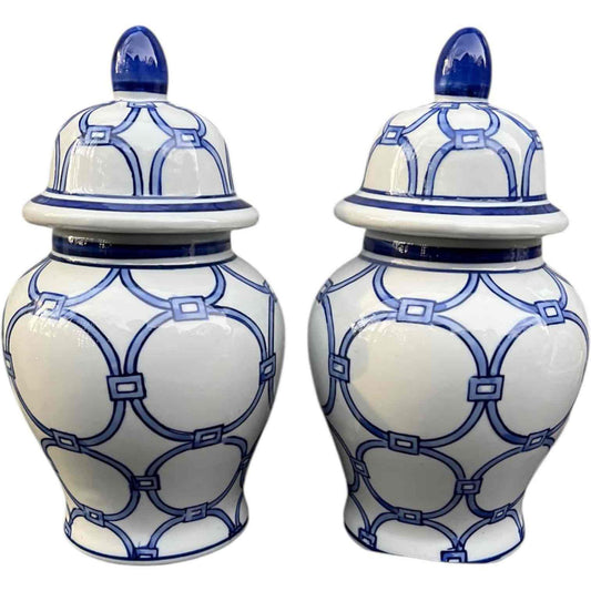 Pair of Hand-Painted Blue Loops Petite Ginger Jar Lidded