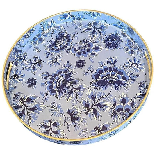 Round Decorative Serving Tray Blue and White Chinoiserie Floral Pattern, Brand New