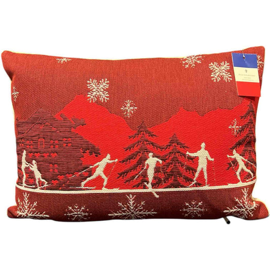 Luxury French Tapestry Lumbar Pillow by Rolande Du Dreuilh French Designer -  Red Color Skiing Motif, Christmas Decorative Pillow