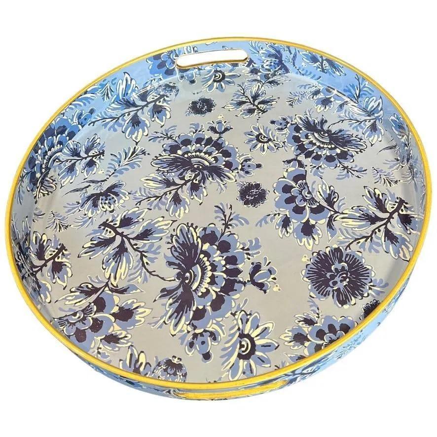 Round Decorative Serving Tray Blue and White Chinoiserie Floral Pattern, Brand New