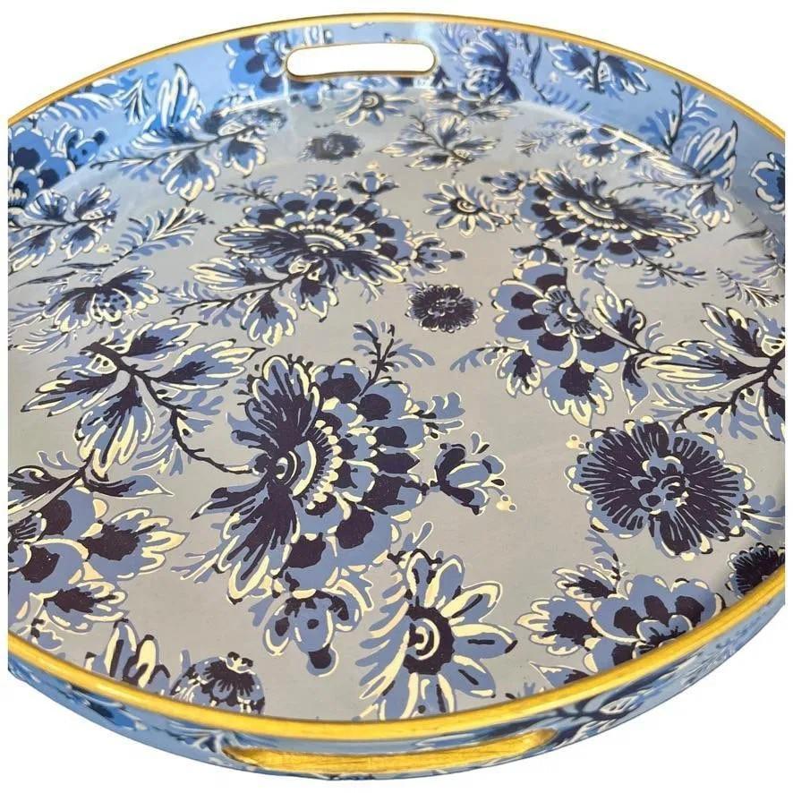 Round Decorative Serving Tray Blue and White Chinoiserie Floral Pattern, Brand New