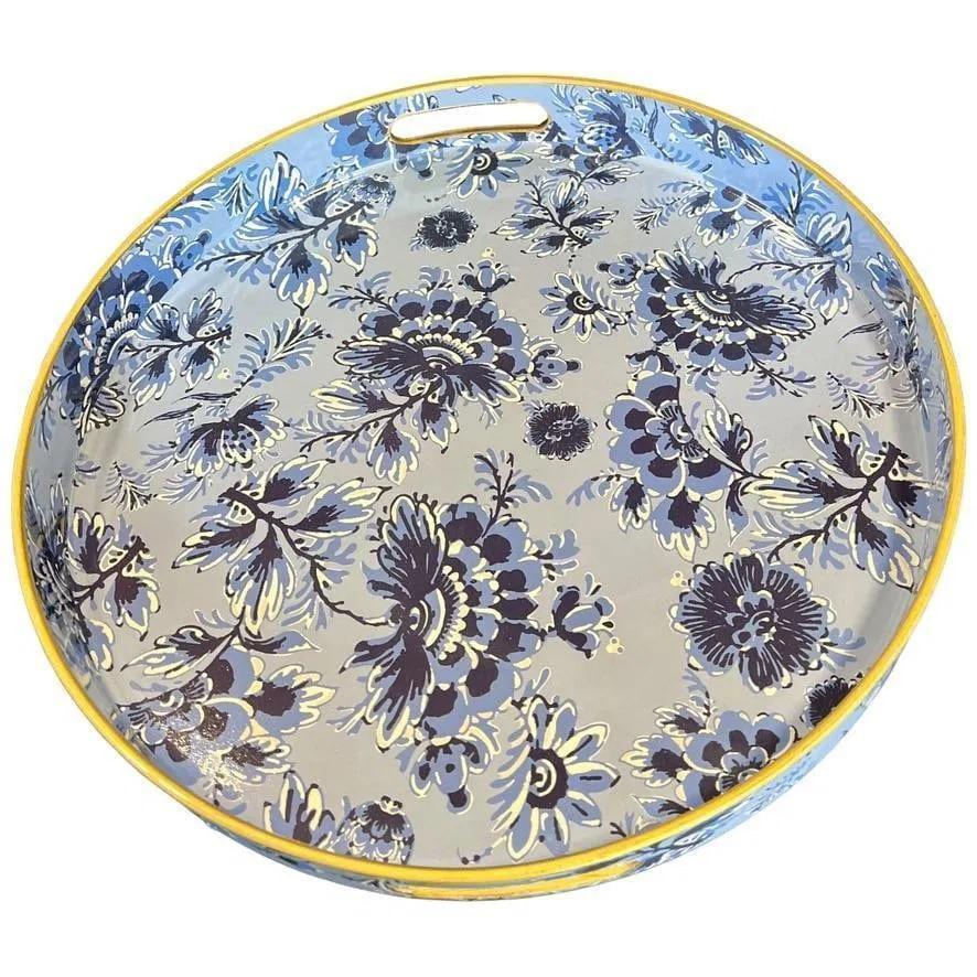 Round Decorative Serving Tray Blue and White Chinoiserie Floral Pattern, Brand New